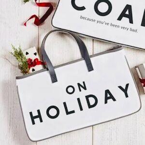 “ On Holiday “White and Black Holiday Tote Bag.